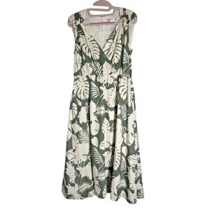 Sleeveless Green and Cream Tropical Print Midi Dress